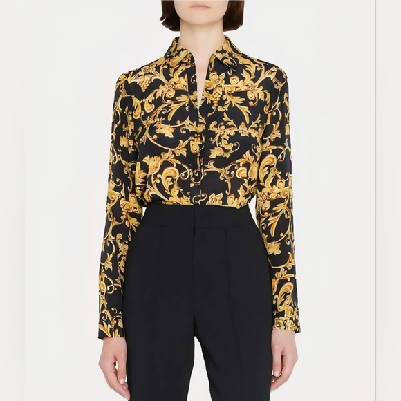 ALICE+OLIVIA Eloise Florence Scroll Silk Button Front Blouse - Picture 2 of 11